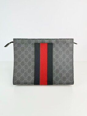 Gucci GG Supreme Web Stripe Zip Pouch Clutch Bag